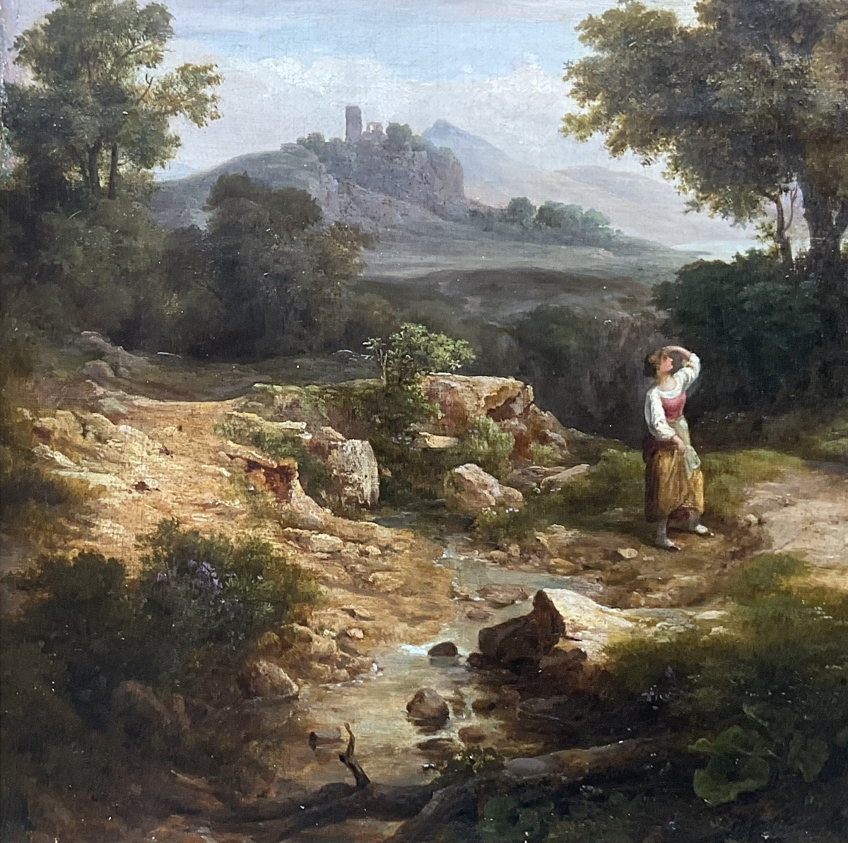 TABLEAU XIXè ACHILLE ETNA MICHALLON PAYSAGE SCÈNE BUCOLIQUE  -photo-3