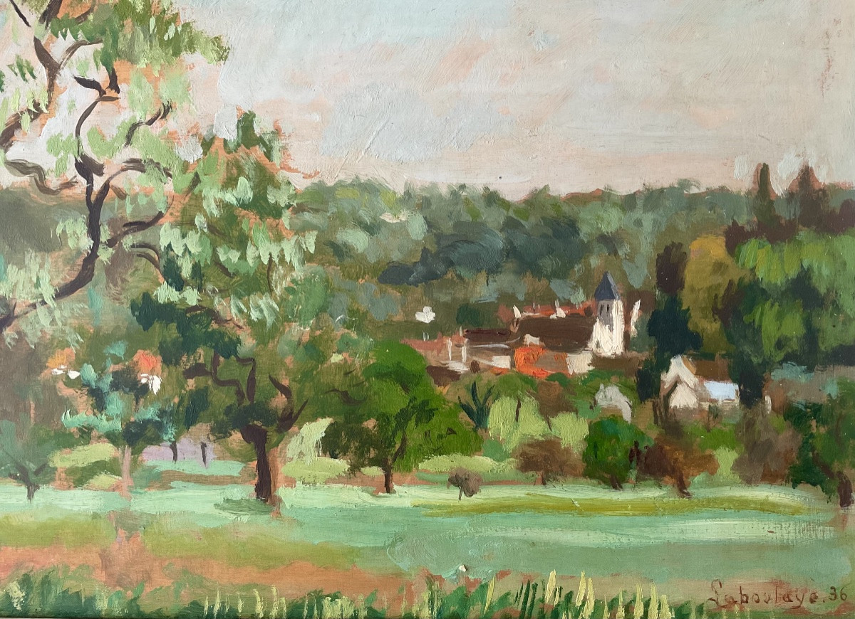 PAUL DE LABOULAYE TABLEAU 1936 PAYSAGE VILLAGE LES MESNULS YVELINES -photo-3
