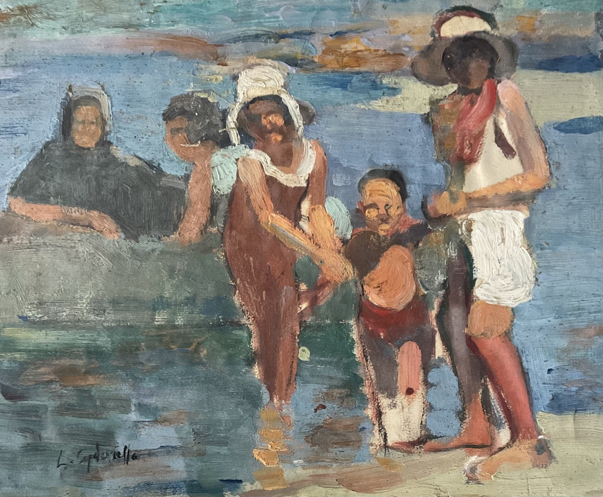 Lucienne Capdevielle Painting 1920 Women And Children Bathing Seaside-photo-3