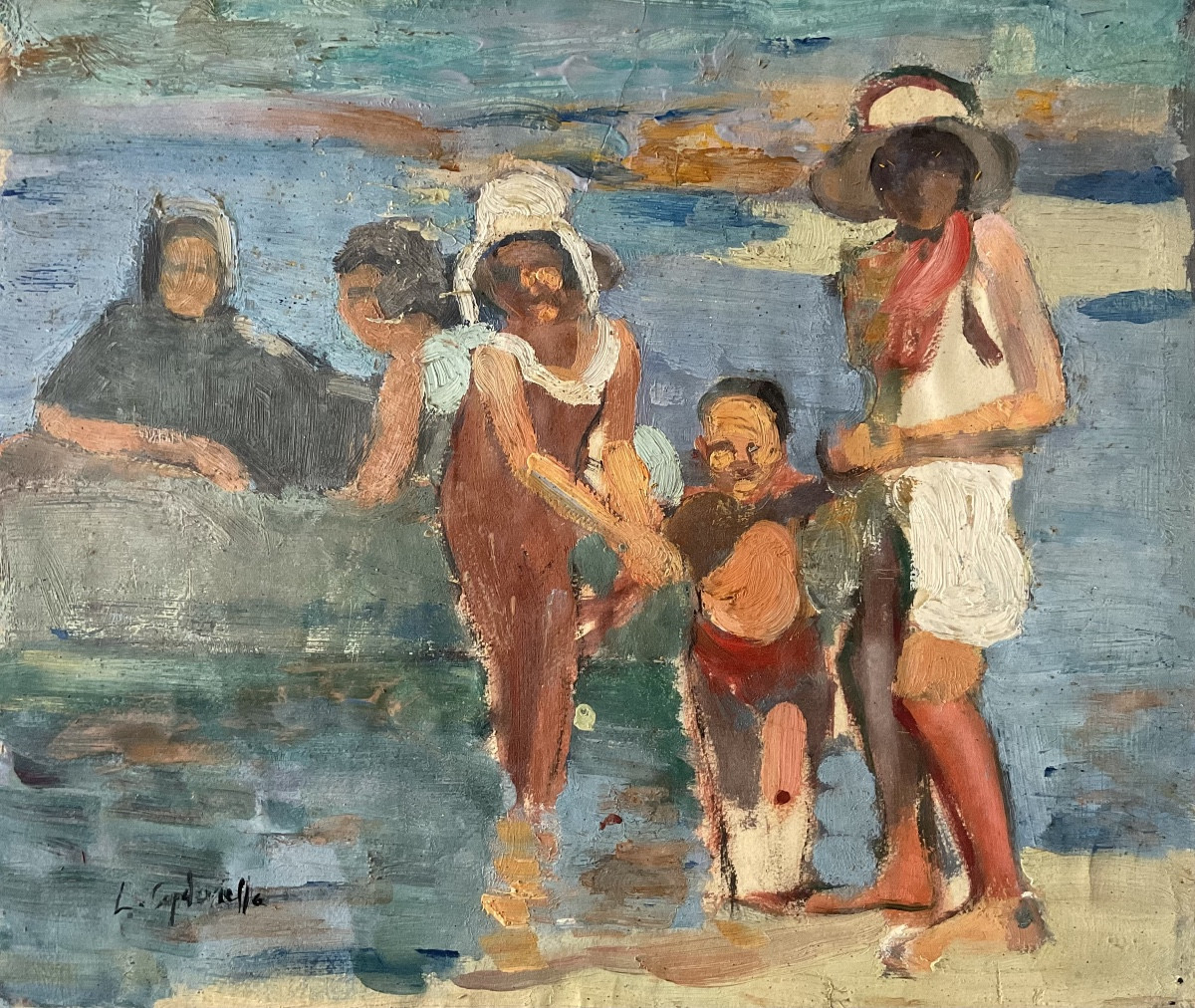 Lucienne Capdevielle Painting 1920 Women And Children Bathing Seaside