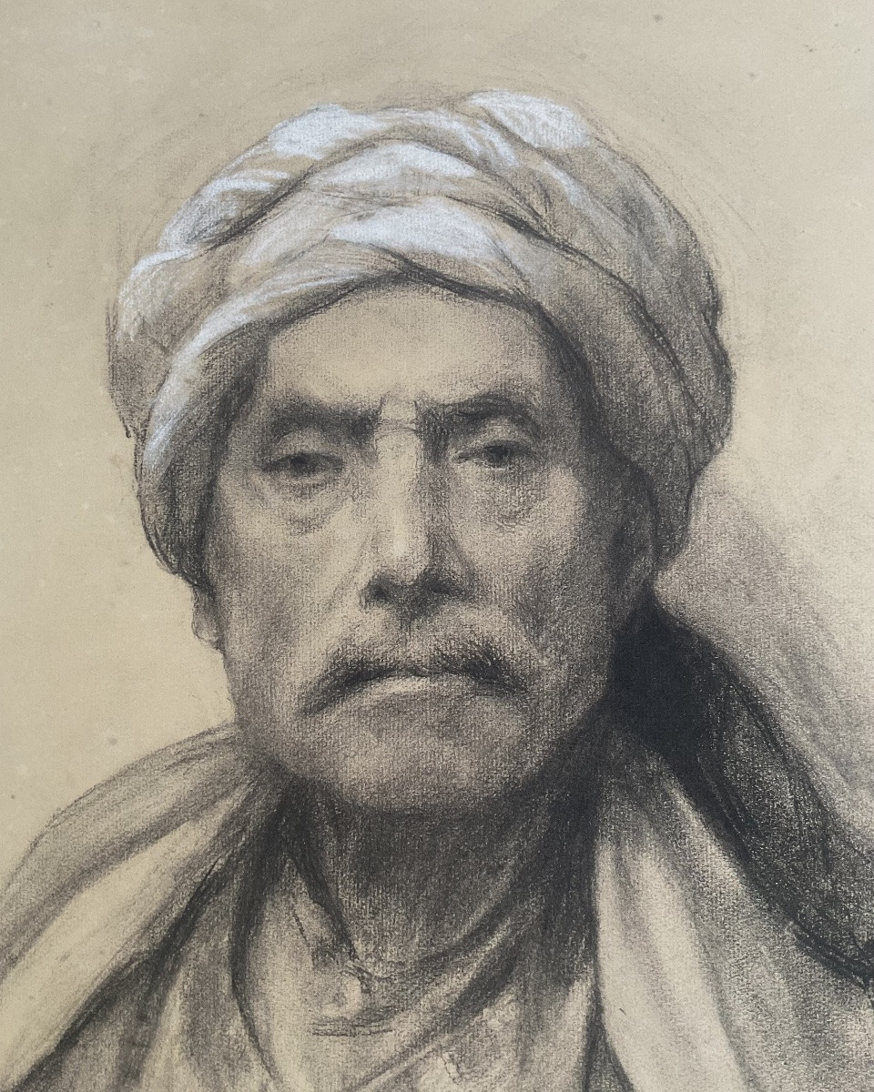 LUCIENNE CAPDEVIELLE FUSAIN 1920 DESSIN HOMME ORIENTAL PORTRAIT DE VOYAGE -photo-2