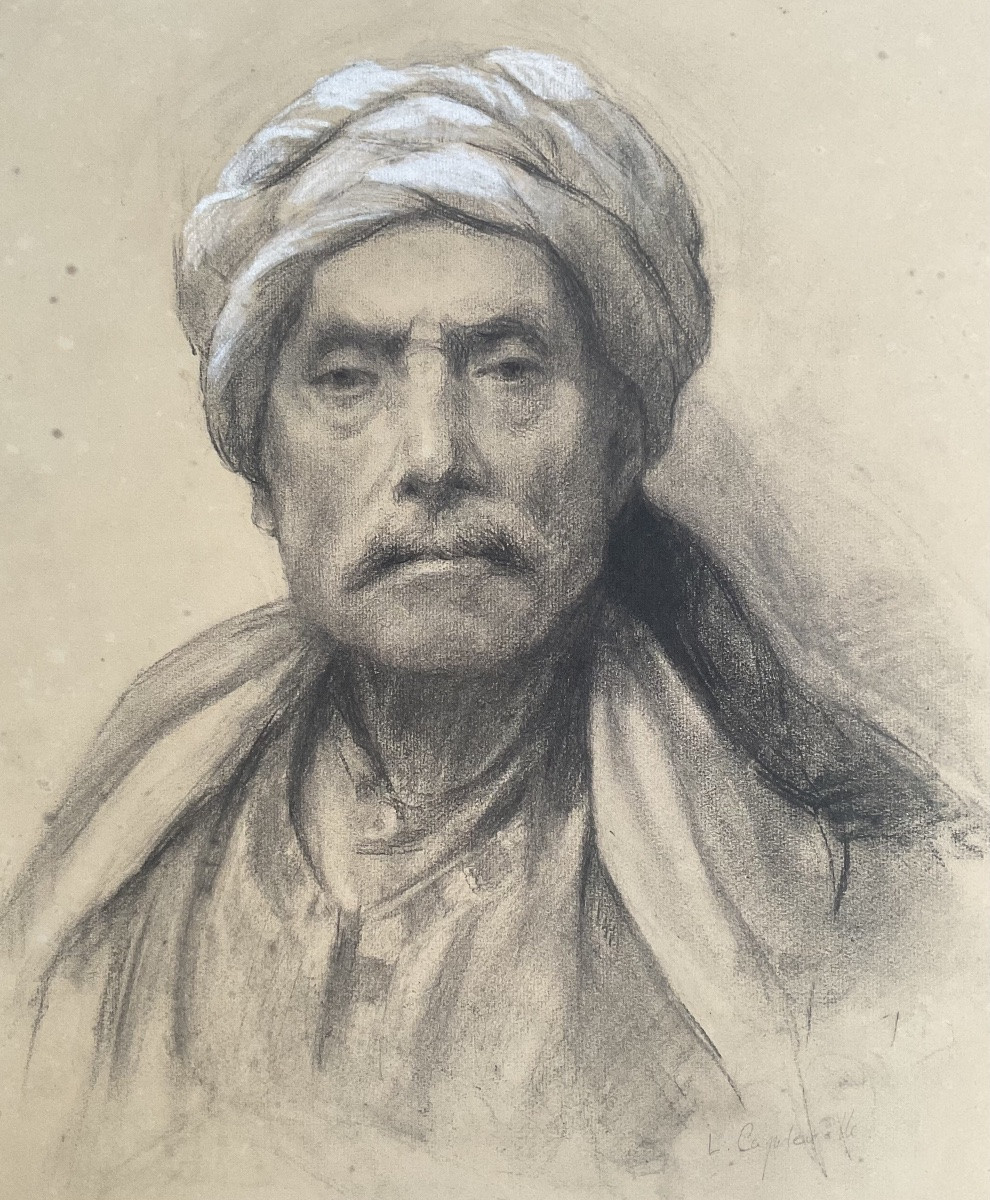 LUCIENNE CAPDEVIELLE FUSAIN 1920 DESSIN HOMME ORIENTAL PORTRAIT DE VOYAGE -photo-3