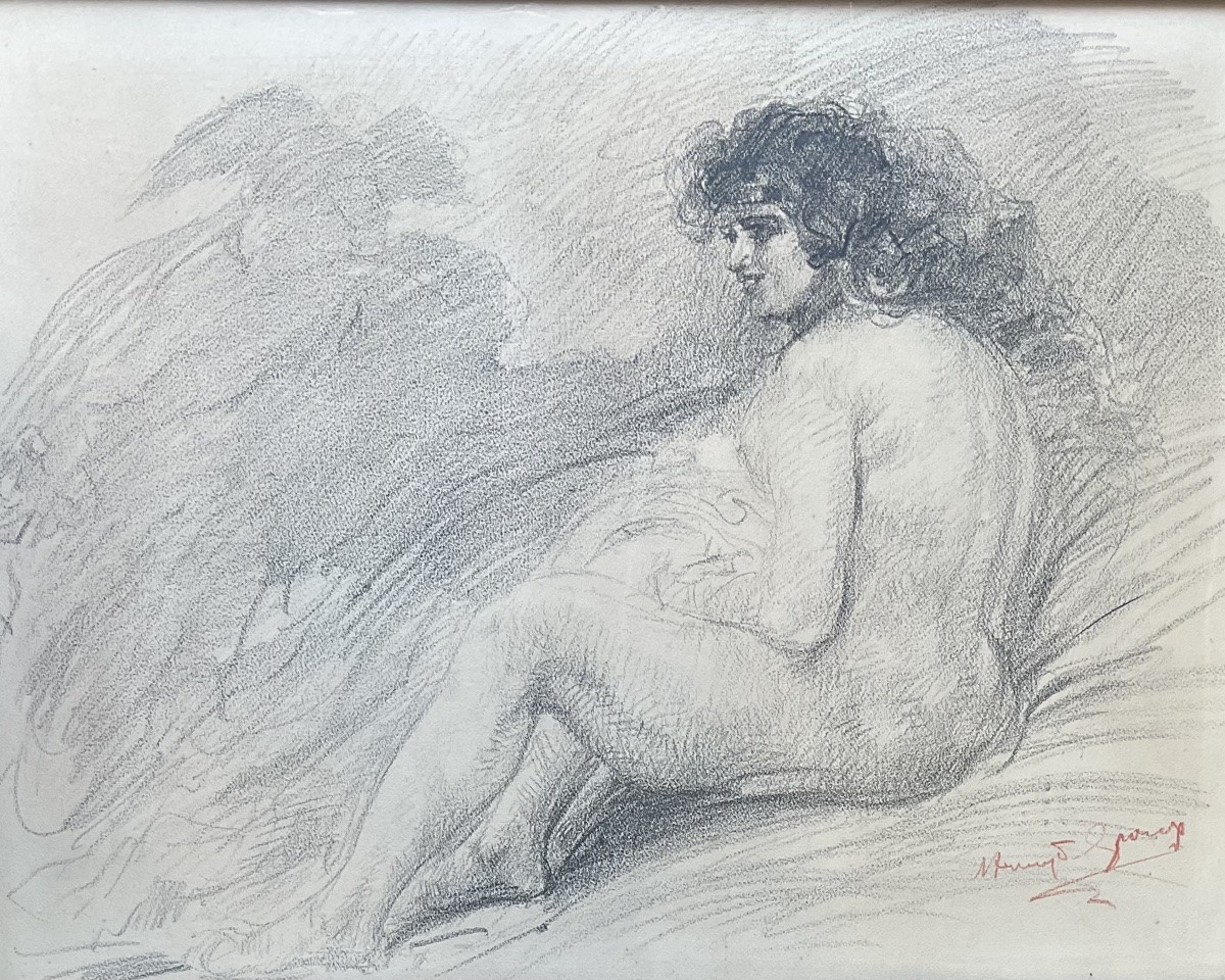 Henry De Groux Charcoal Drawing 1900 Nude Woman And Shadow Rare Subject-photo-2