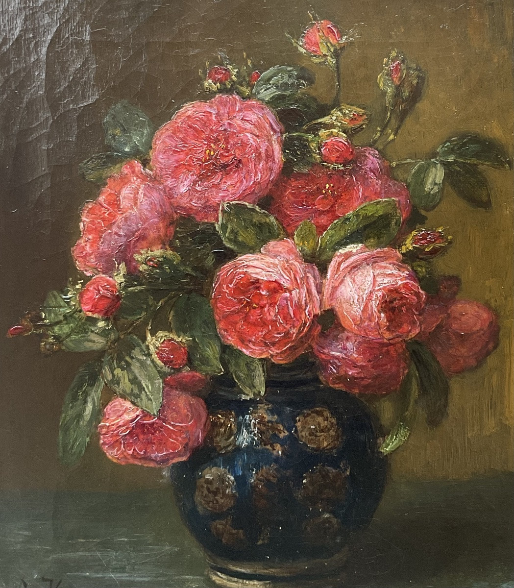 Alexis Kreyder Painting Bouquet Of Roses 19th C Original Painting Still Life-photo-2