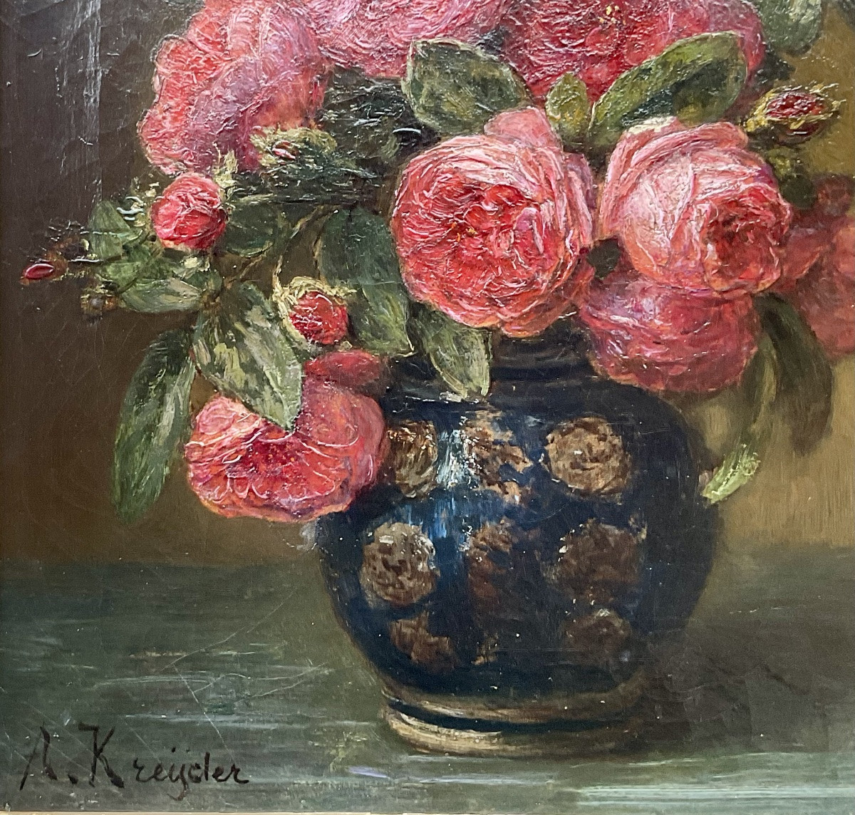 Alexis Kreyder Painting Bouquet Of Roses 19th C Original Painting Still Life-photo-4