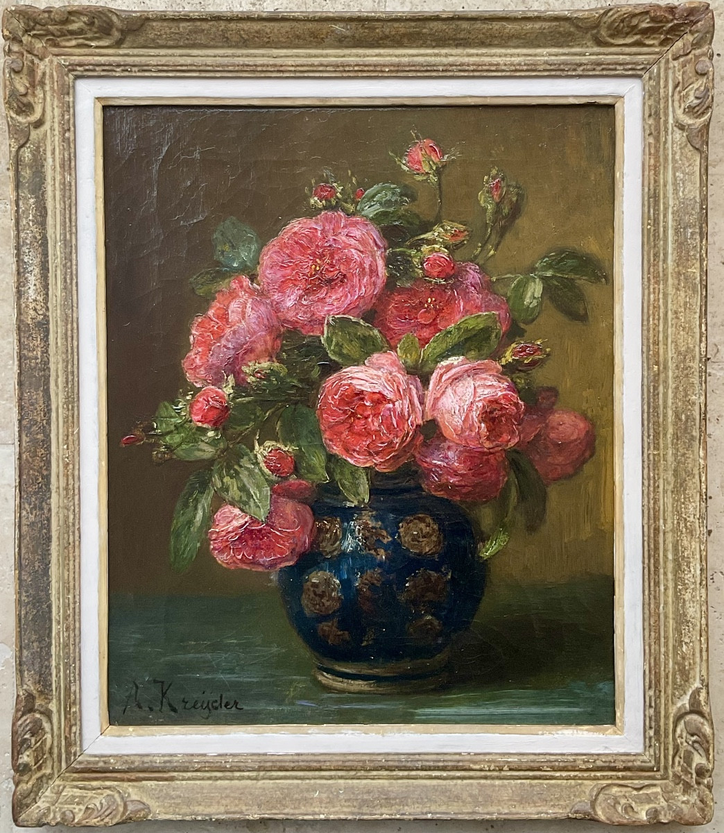 Alexis Kreyder Painting Bouquet Of Roses 19th C Original Painting Still Life