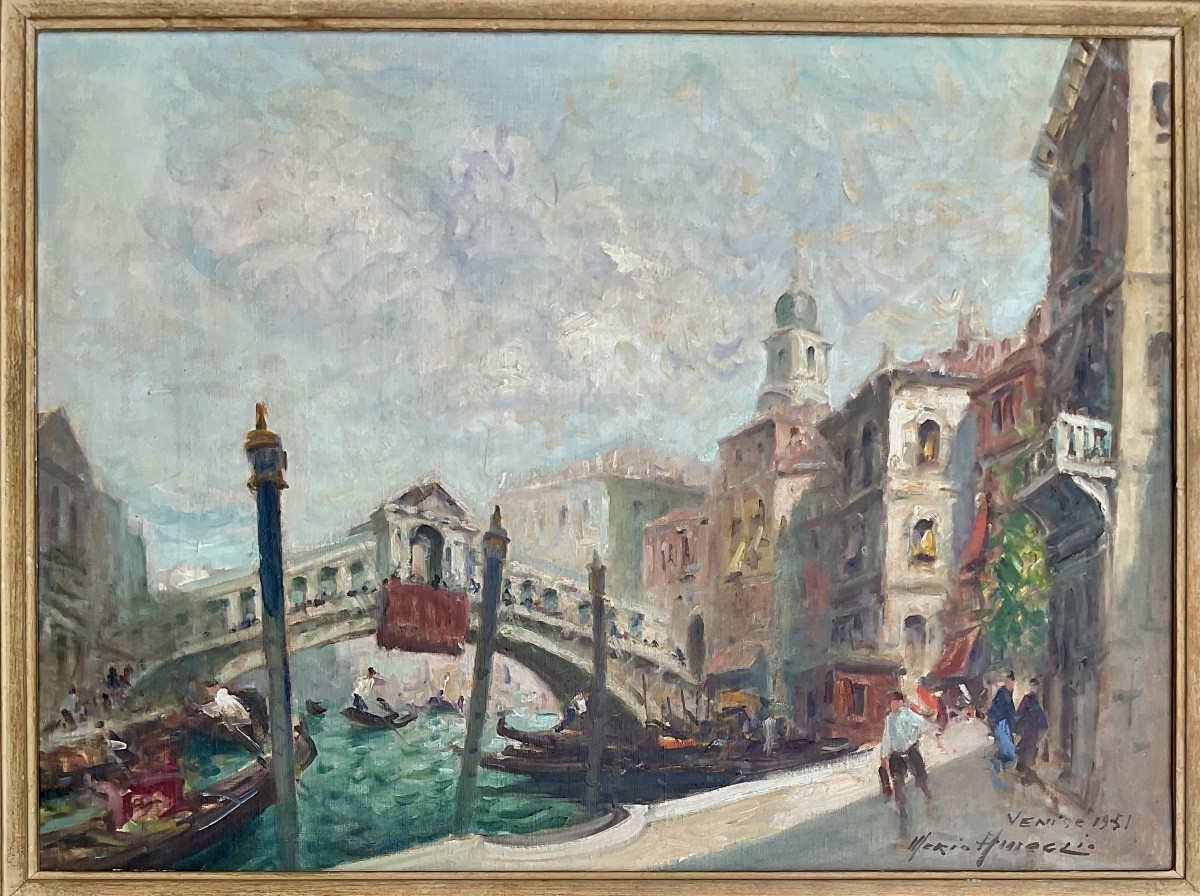 Merio Ameglio Painting 25p Venice Rialto Bridge Gondoliers Original Work 1951-photo-1