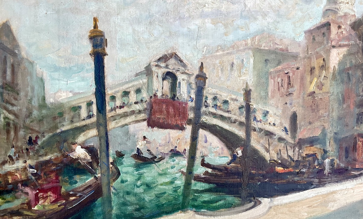Merio Ameglio Painting 25p Venice Rialto Bridge Gondoliers Original Work 1951-photo-3