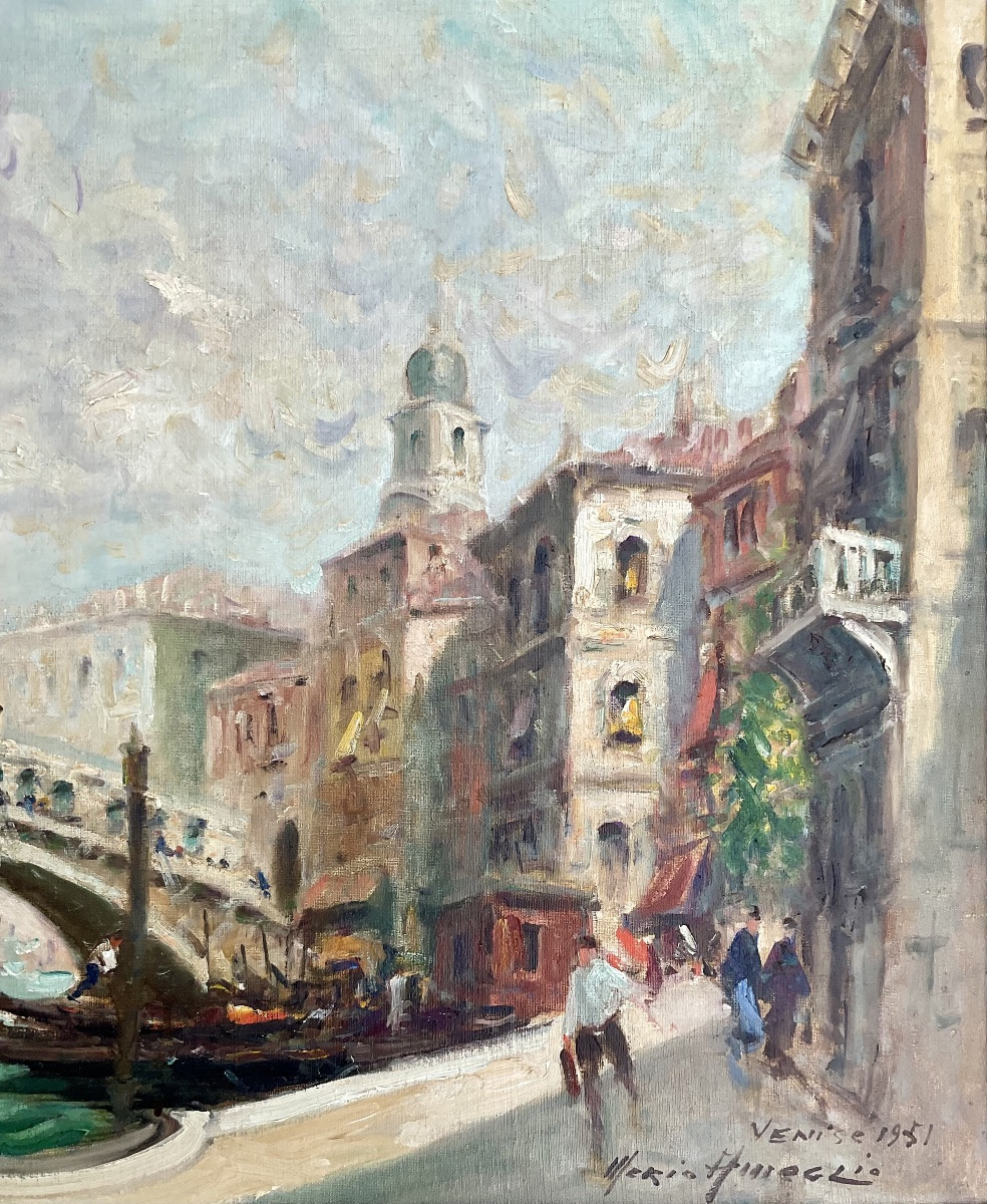 Merio Ameglio Painting 25p Venice Rialto Bridge Gondoliers Original Work 1951-photo-4
