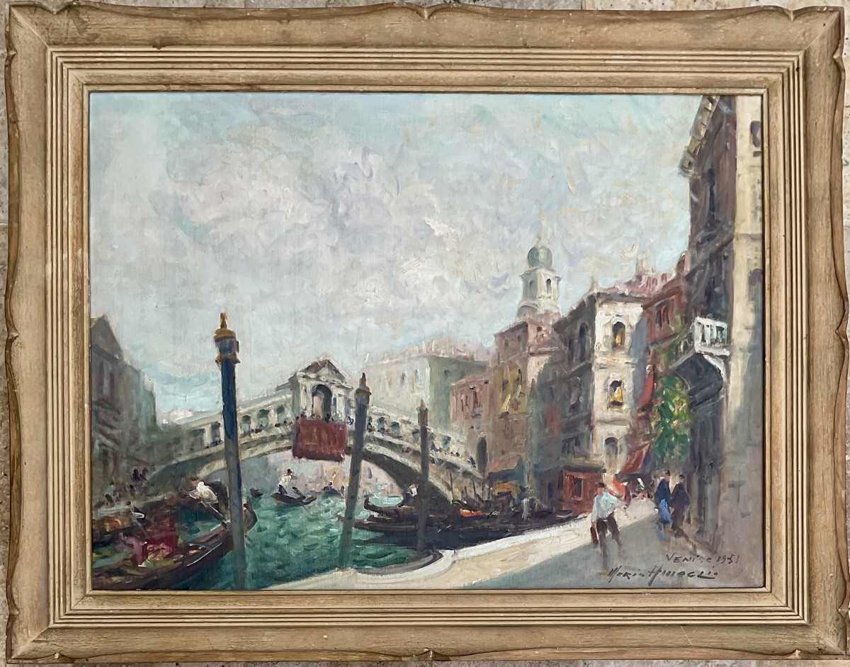 Merio Ameglio Painting 25p Venice Rialto Bridge Gondoliers Original Work 1951