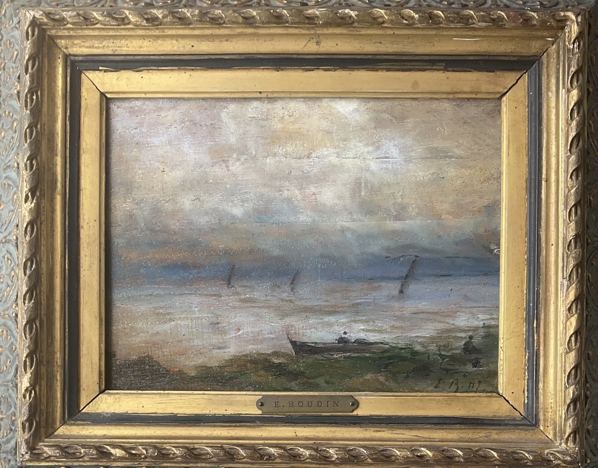 Eugene Boudin Original Painting Hsp Sailboats And Fisherman Painting 1892-photo-1