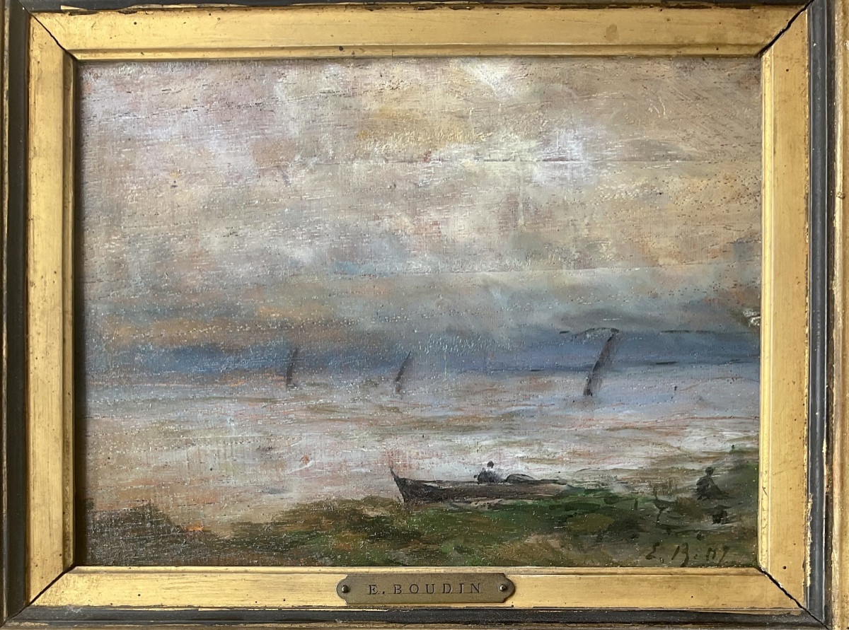 Eugene Boudin Original Painting Hsp Sailboats And Fisherman Painting 1892-photo-2