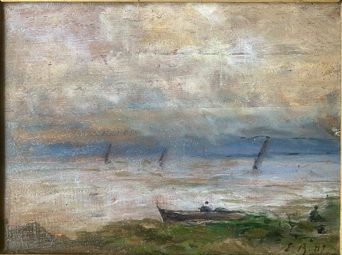 Eugene Boudin Original Painting Hsp Sailboats And Fisherman Painting 1892-photo-3