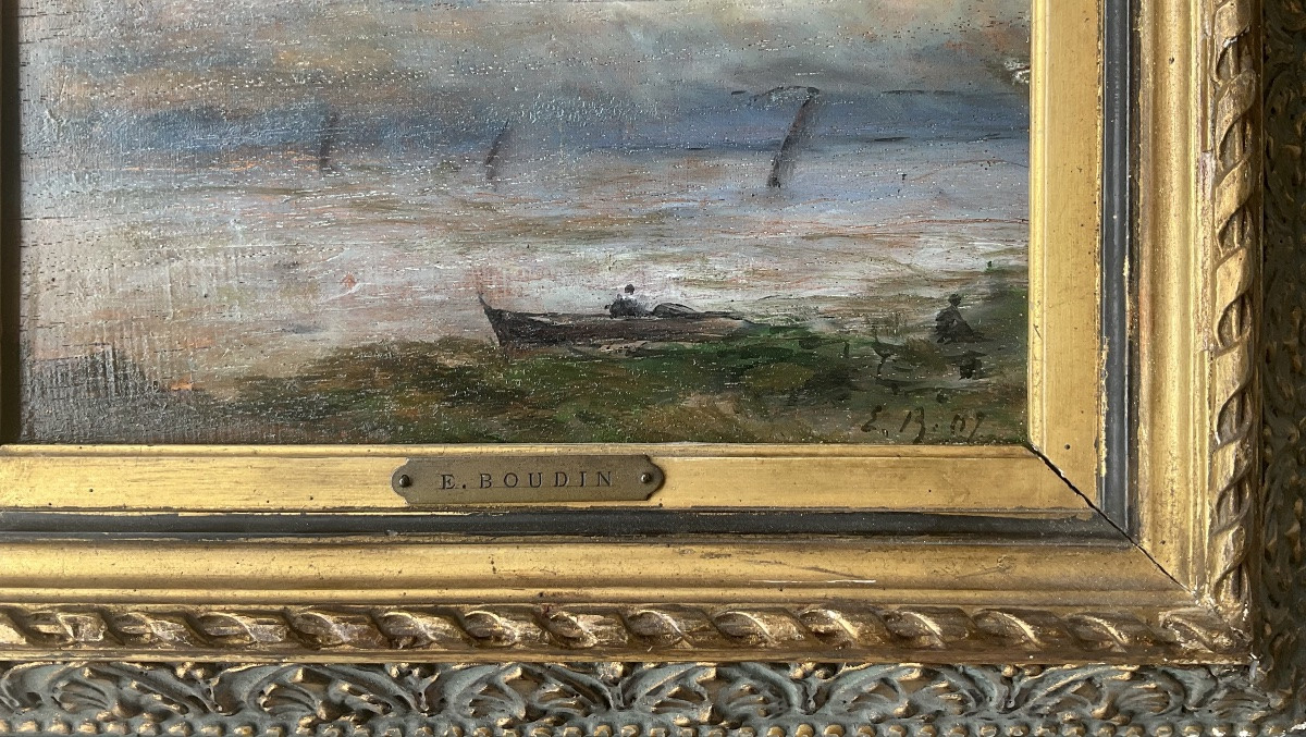 Eugene Boudin Original Painting Hsp Sailboats And Fisherman Painting 1892-photo-4
