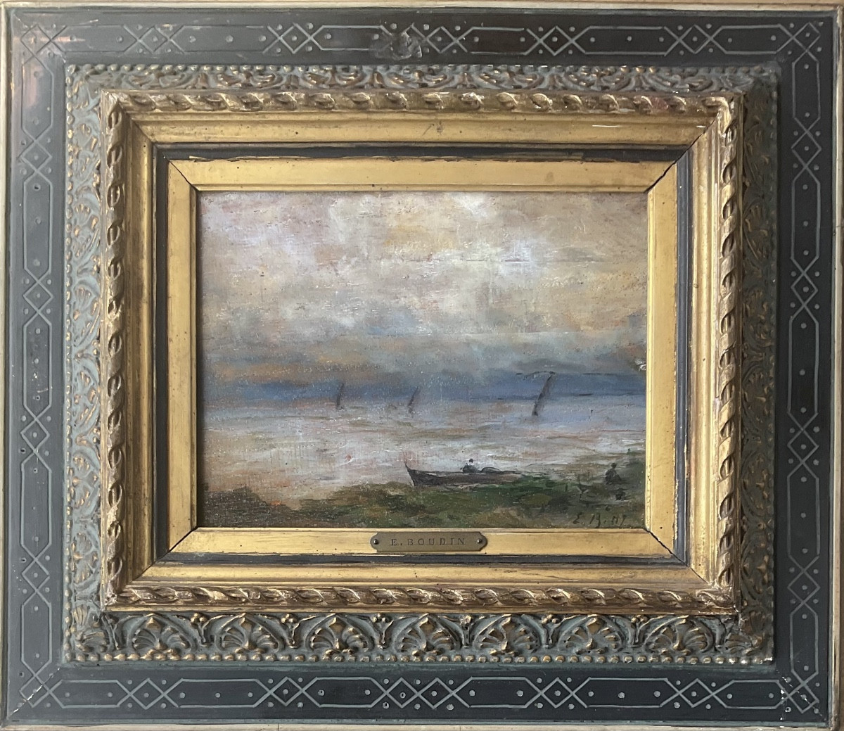 Eugene Boudin Original Painting Hsp Sailboats And Fisherman Painting 1892
