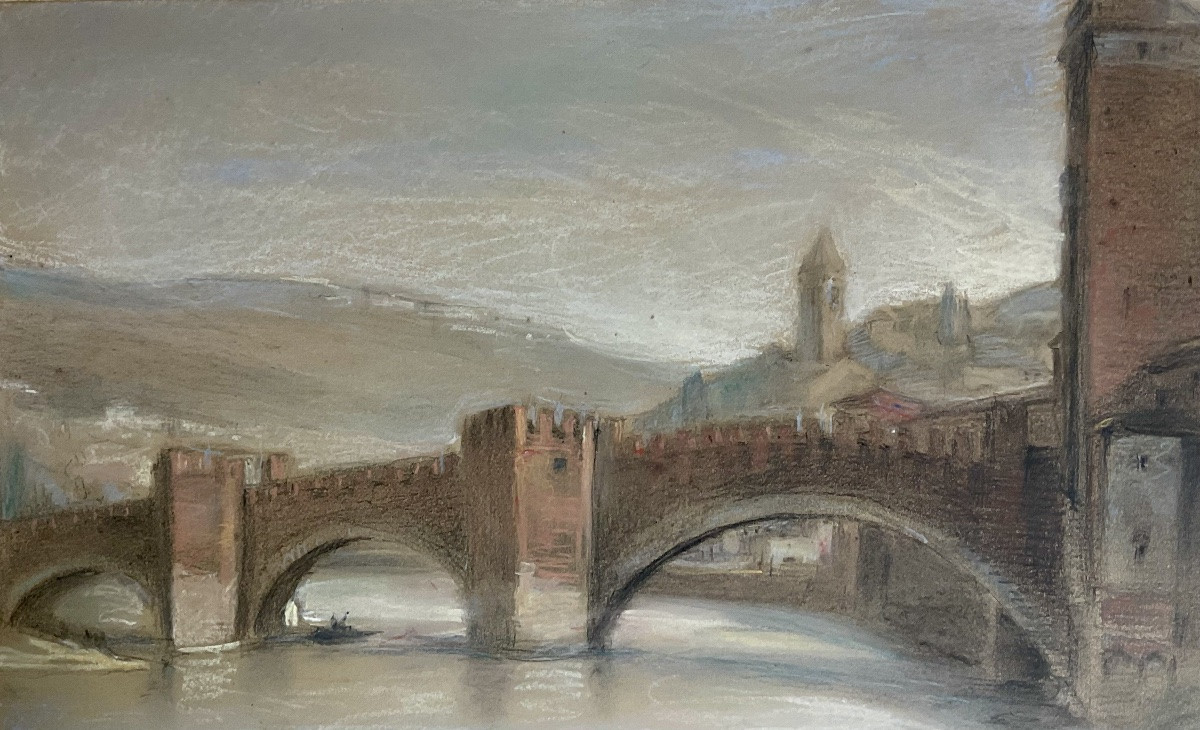 LÉON CHESNAY RARE  PASTEL 1920 ITALIE PONT DE PIERRE VÉRONE FLEUVE ADIGE-photo-1