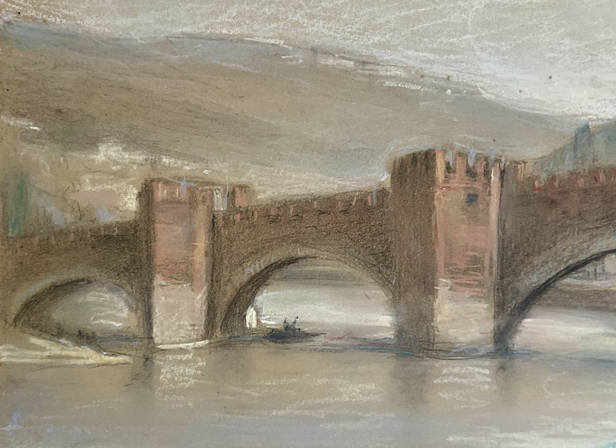 LÉON CHESNAY RARE  PASTEL 1920 ITALIE PONT DE PIERRE VÉRONE FLEUVE ADIGE-photo-3