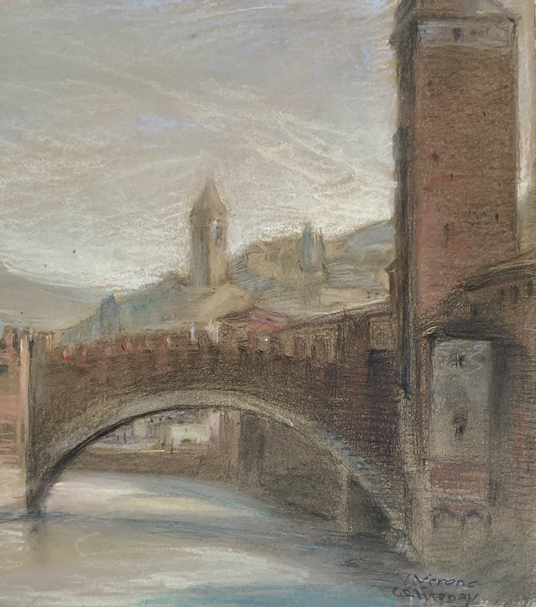 LÉON CHESNAY RARE  PASTEL 1920 ITALIE PONT DE PIERRE VÉRONE FLEUVE ADIGE-photo-4