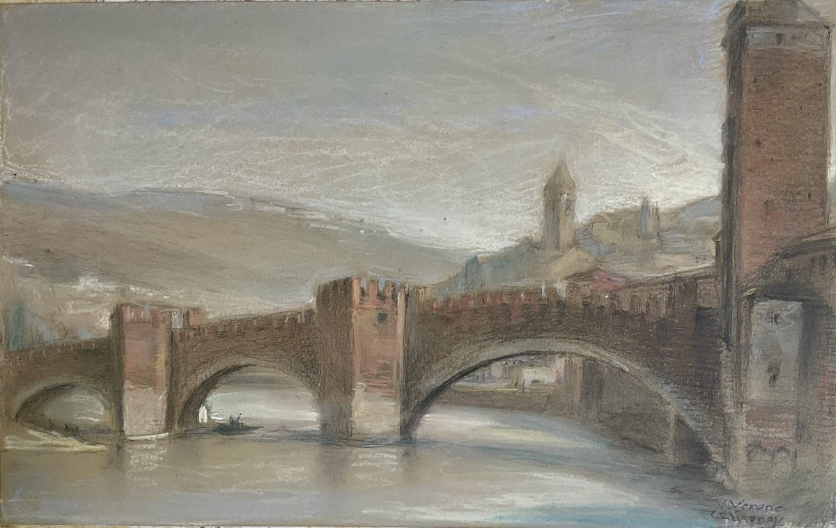 LÉON CHESNAY RARE  PASTEL 1920 ITALIE PONT DE PIERRE VÉRONE FLEUVE ADIGE