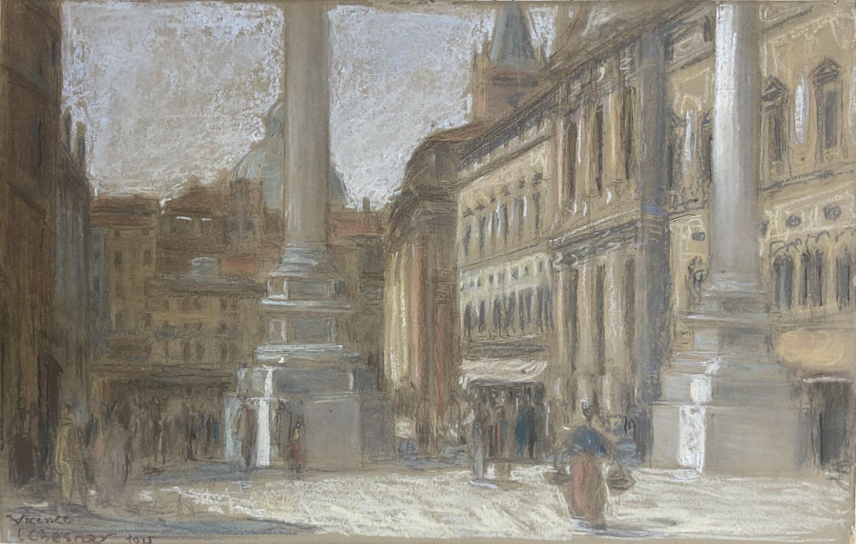 LÉON CHESNAY  PASTEL 1925 COLONNES PLACE DES SEIGNEURS VICENCE ITALIE