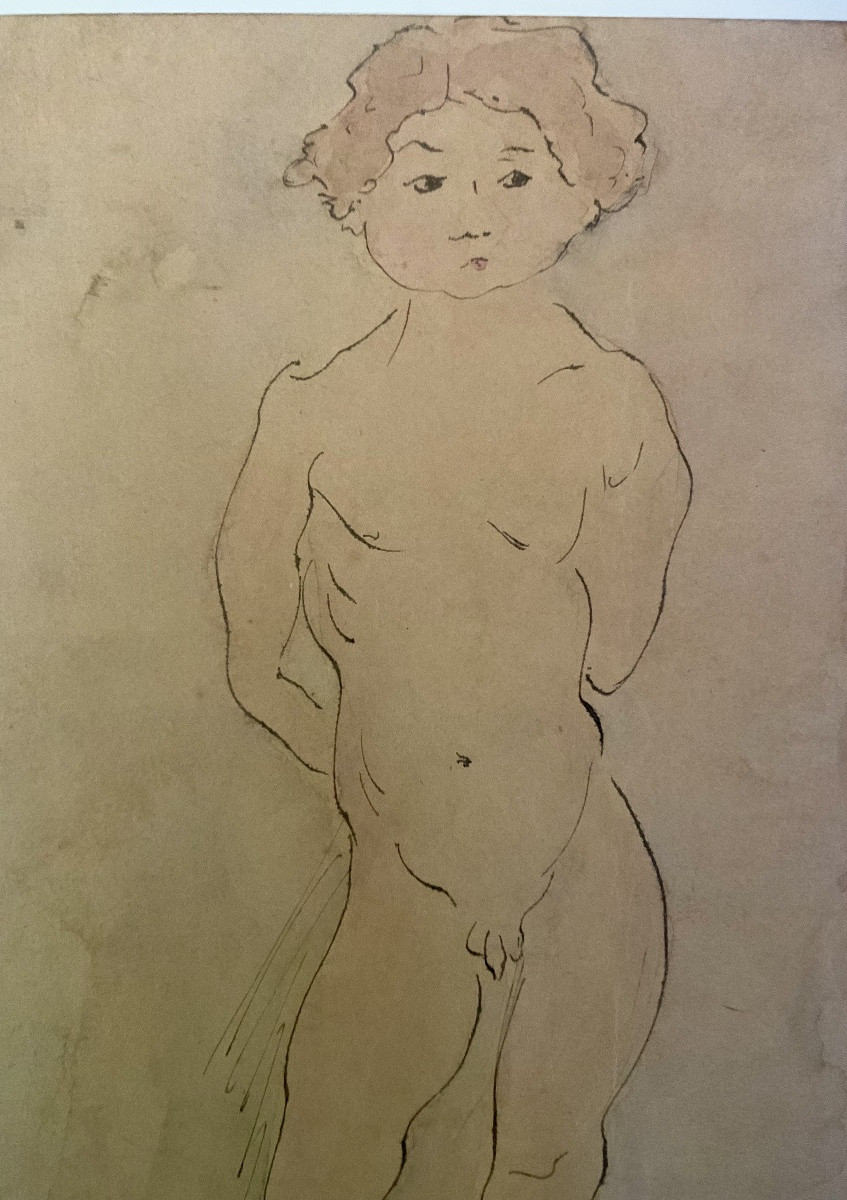 JULES PASCIN DESSIN ENCRE ET AQUARELLE ORIGINALE JEUNE GARÇON NU SIGNATURE-photo-2