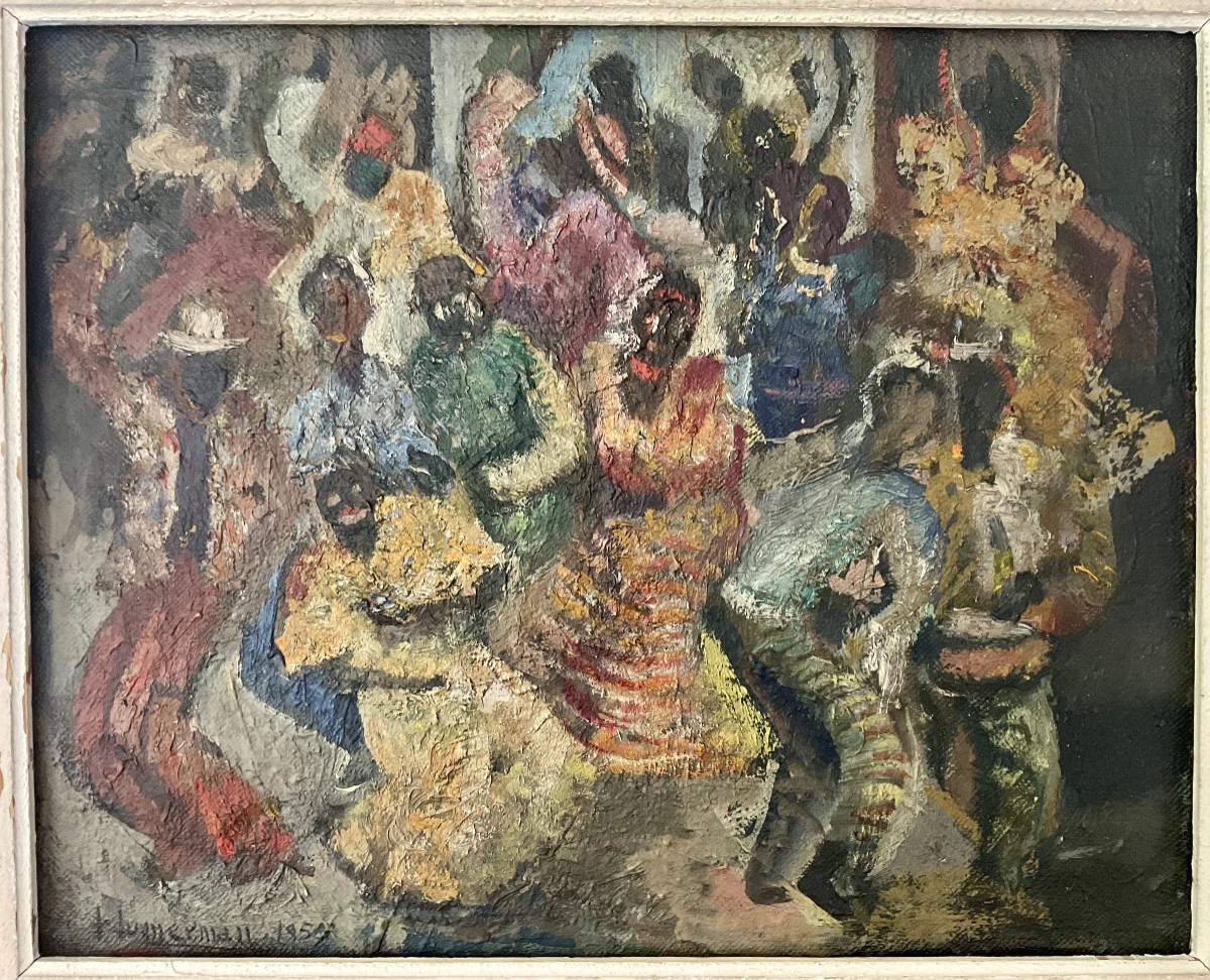 JUANA LUMERMAN PEINTURE 1954 SCENE DE DANSE CARNAVAL HAÏTI CARAIBE ARGENTIN-photo-1