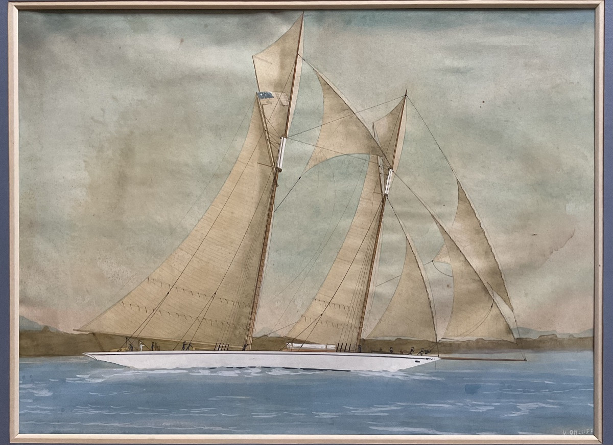 VLADIMIR GEORGIEVIC ORLOFF AQUARELLE ORIGINALE VOILIER REGATE 1920 RUSSIAN ART-photo-2