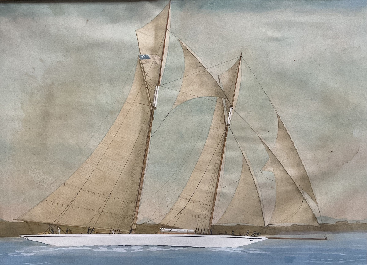 VLADIMIR GEORGIEVIC ORLOFF AQUARELLE ORIGINALE VOILIER REGATE 1920 RUSSIAN ART-photo-3