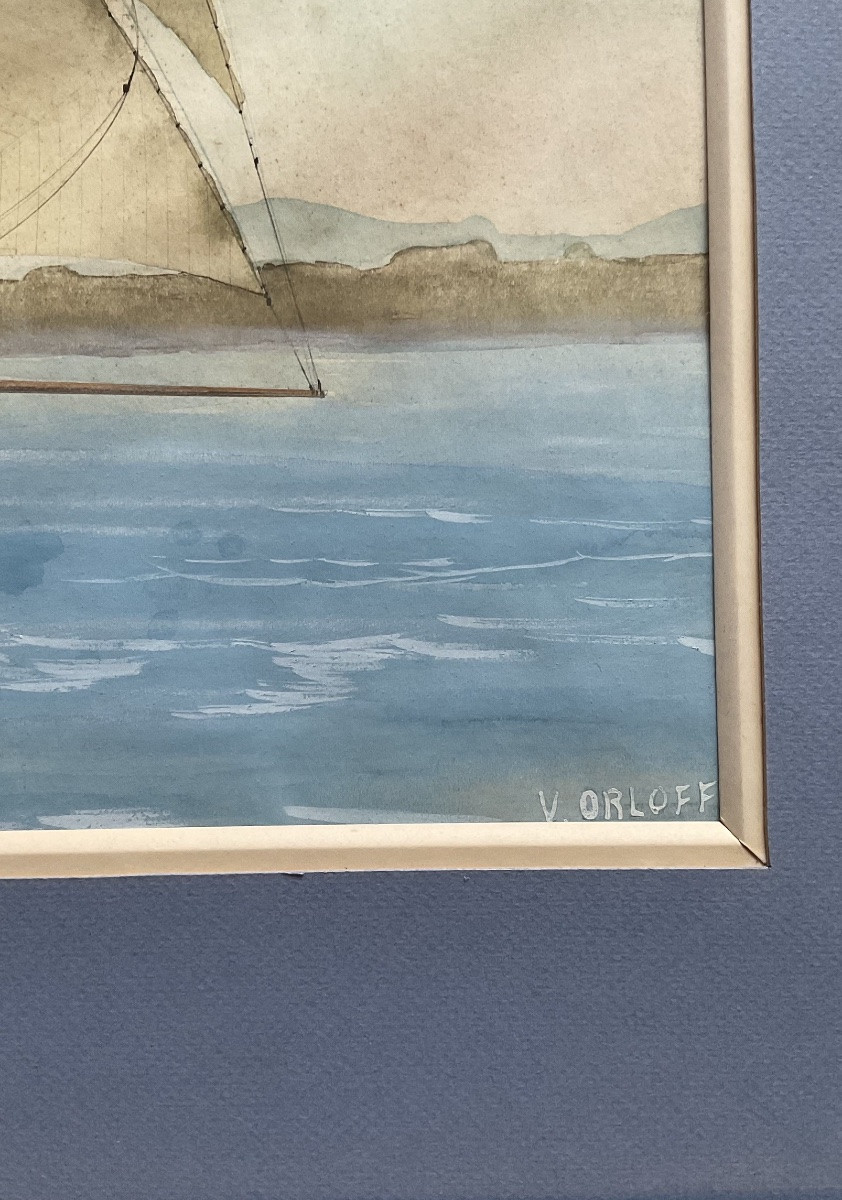 VLADIMIR GEORGIEVIC ORLOFF AQUARELLE ORIGINALE VOILIER REGATE 1920 RUSSIAN ART-photo-1