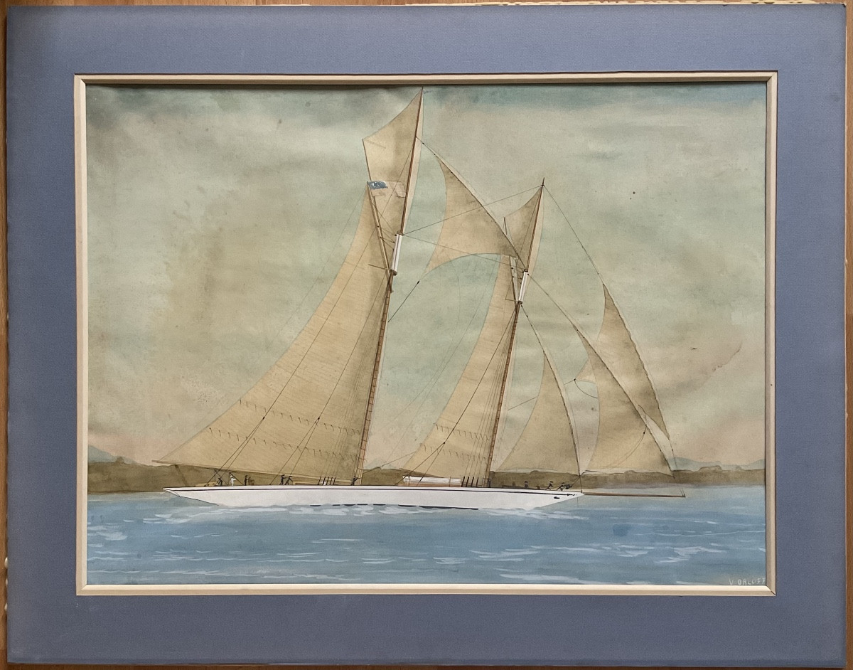 VLADIMIR GEORGIEVIC ORLOFF AQUARELLE ORIGINALE VOILIER REGATE 1920 RUSSIAN ART