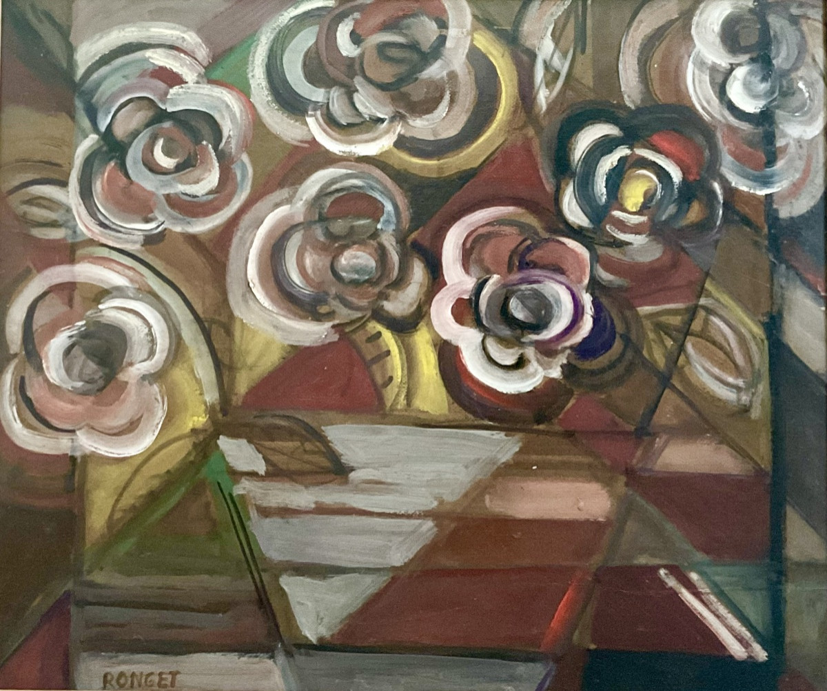 ELISABETH RONGET PEINTURE ORIGINALE COMPOSITION NATURE MORTE CUBISTE FLEURS 10F-photo-1