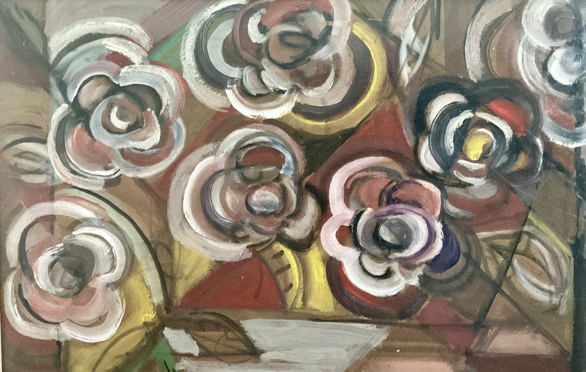 ELISABETH RONGET PEINTURE ORIGINALE COMPOSITION NATURE MORTE CUBISTE FLEURS 10F-photo-2