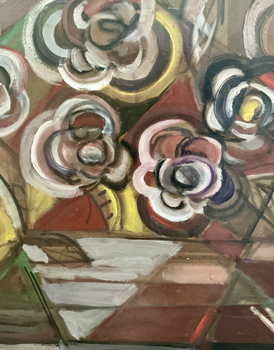 ELISABETH RONGET PEINTURE ORIGINALE COMPOSITION NATURE MORTE CUBISTE FLEURS 10F-photo-3
