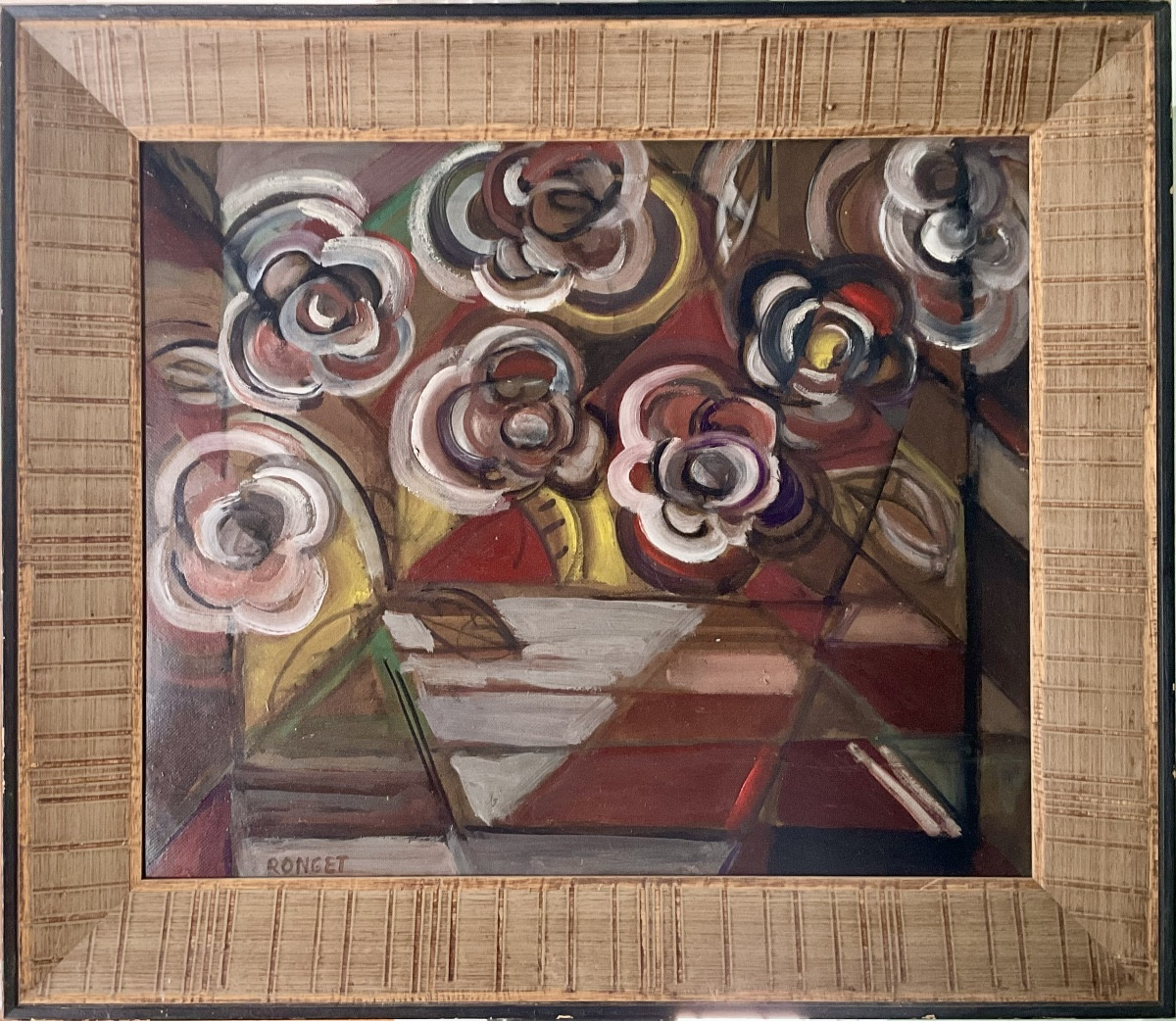 ELISABETH RONGET PEINTURE ORIGINALE COMPOSITION NATURE MORTE CUBISTE FLEURS 10F