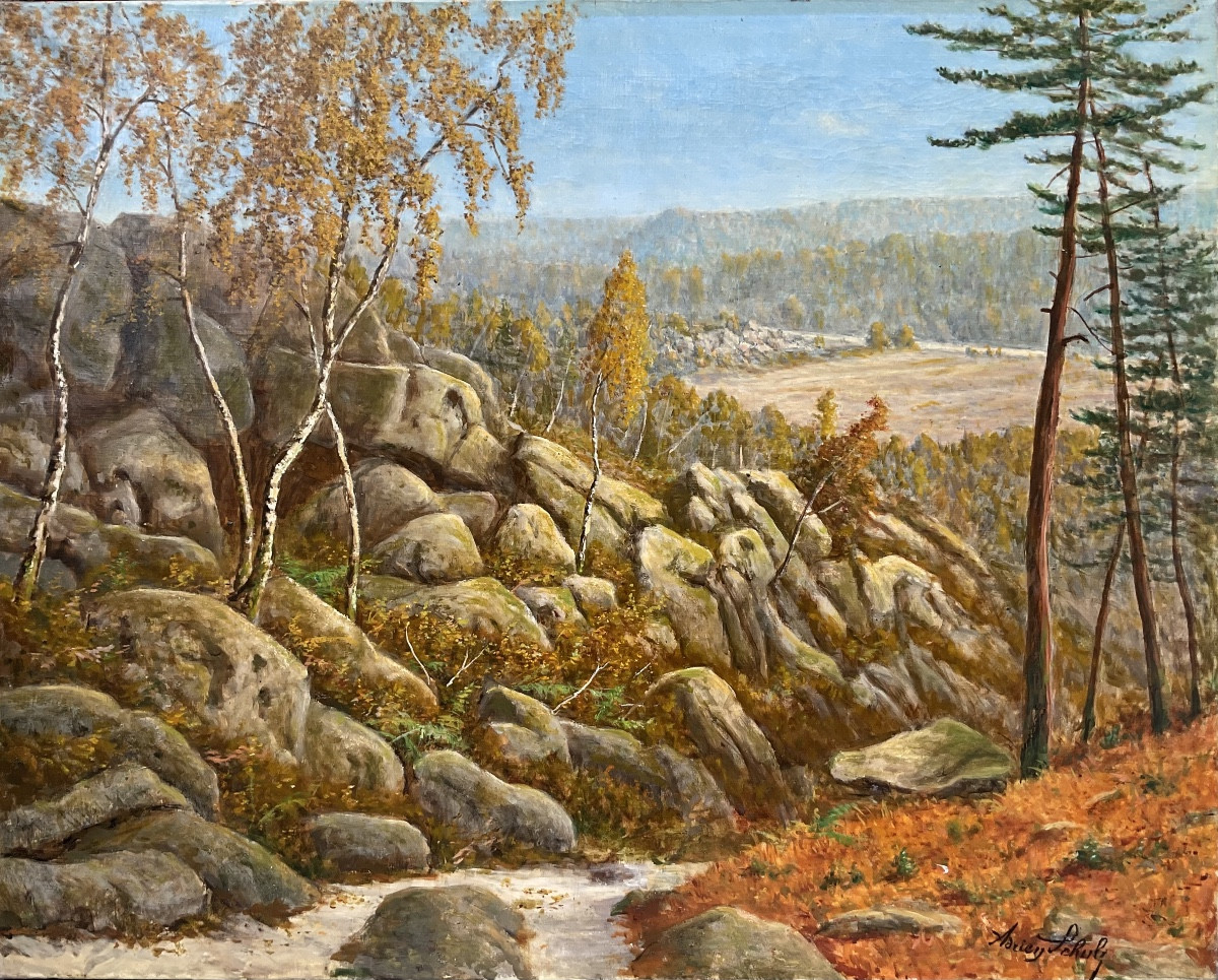 Adrien Schultz Tableau Forêt De Fontainebleau Le Long Rocher 81 X 65 Cm