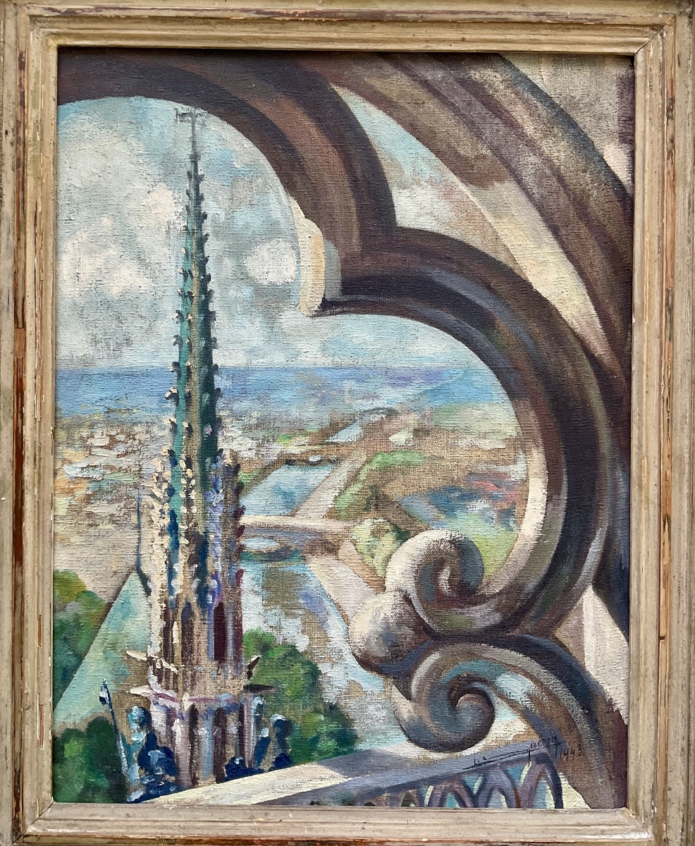 L.guerin Painting 1943 The Seine In Paris Seen From The Top Of Notre Dame-photo-2