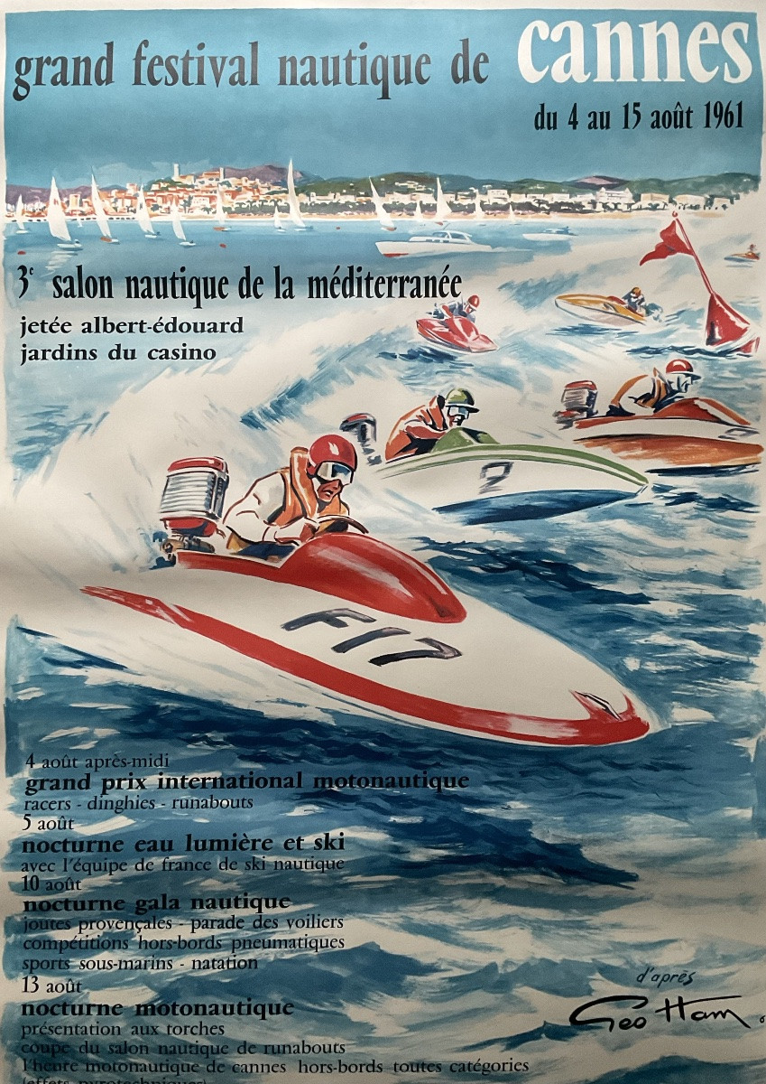 GEO HAM GRANDE AFFICHE VINTAGE CANNES GRAND FESTIVAL NAUTIQUE 1961 -photo-1