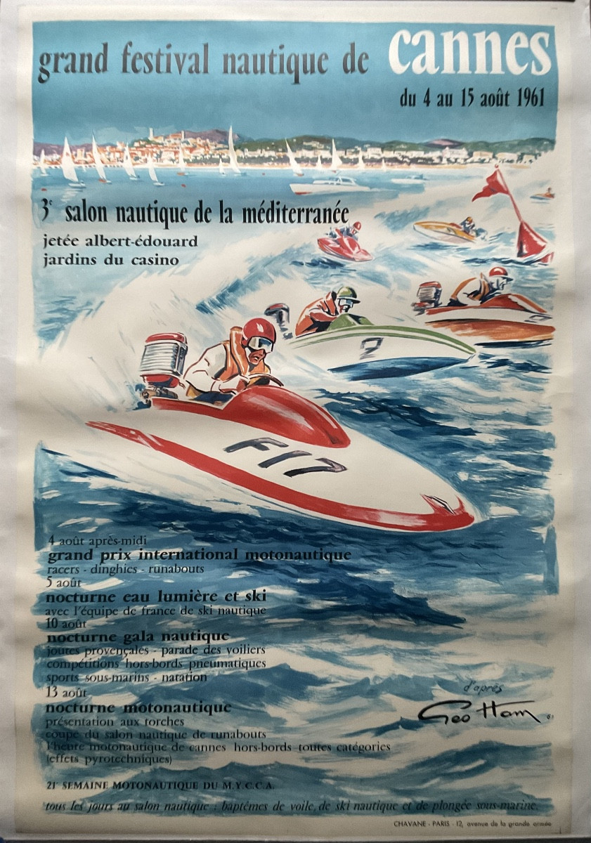 GEO HAM GRANDE AFFICHE VINTAGE CANNES GRAND FESTIVAL NAUTIQUE 1961 