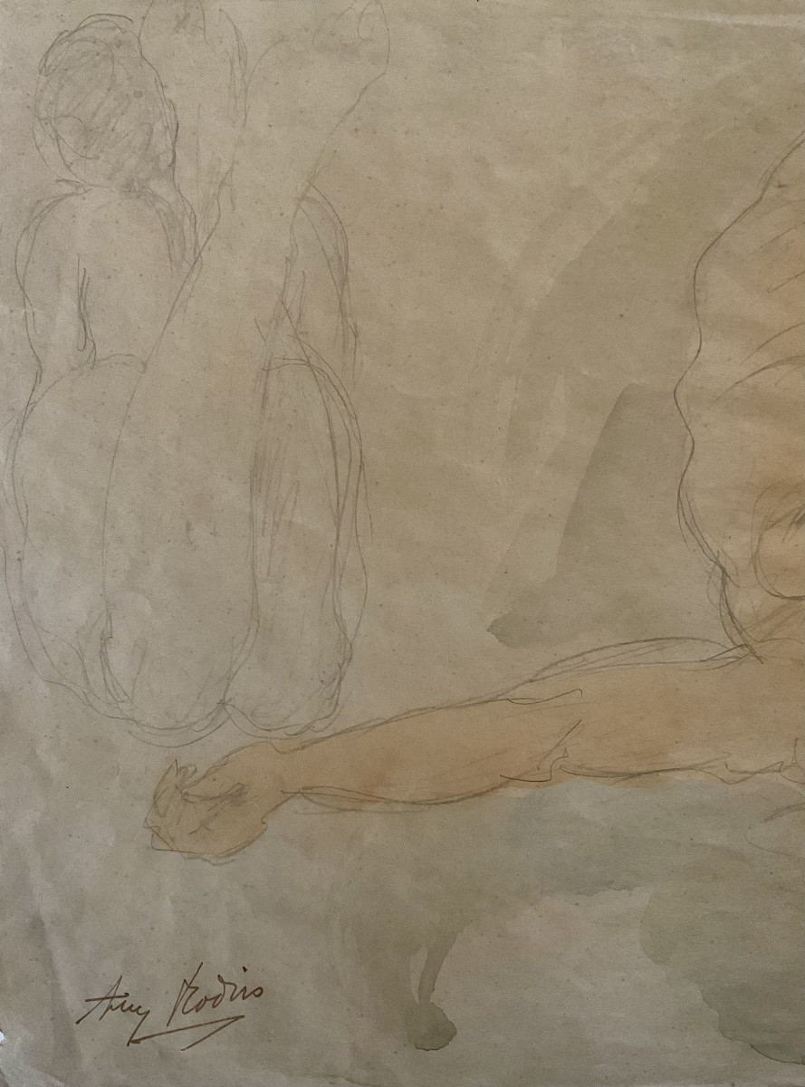 Auguste Rodin Watercolor Drawing Two Reclining Nude Women-photo-2