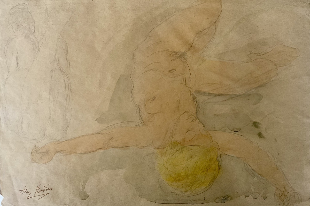 Auguste Rodin Watercolor Drawing Two Reclining Nude Women