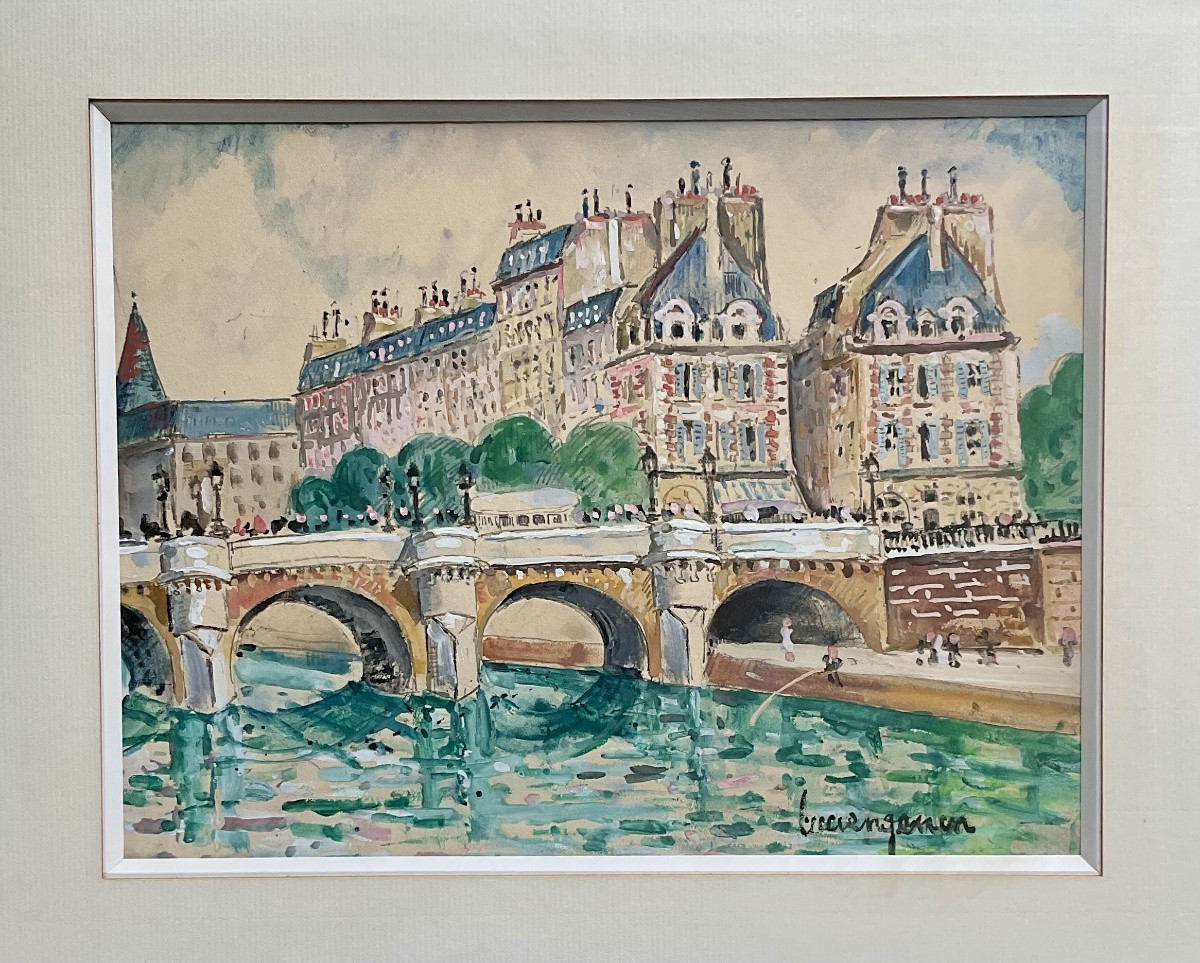 LUCIEN GENIN GOUACHE ORIGINALE PARIS LA SEINE LE PONT NEUF 1920/30-photo-2
