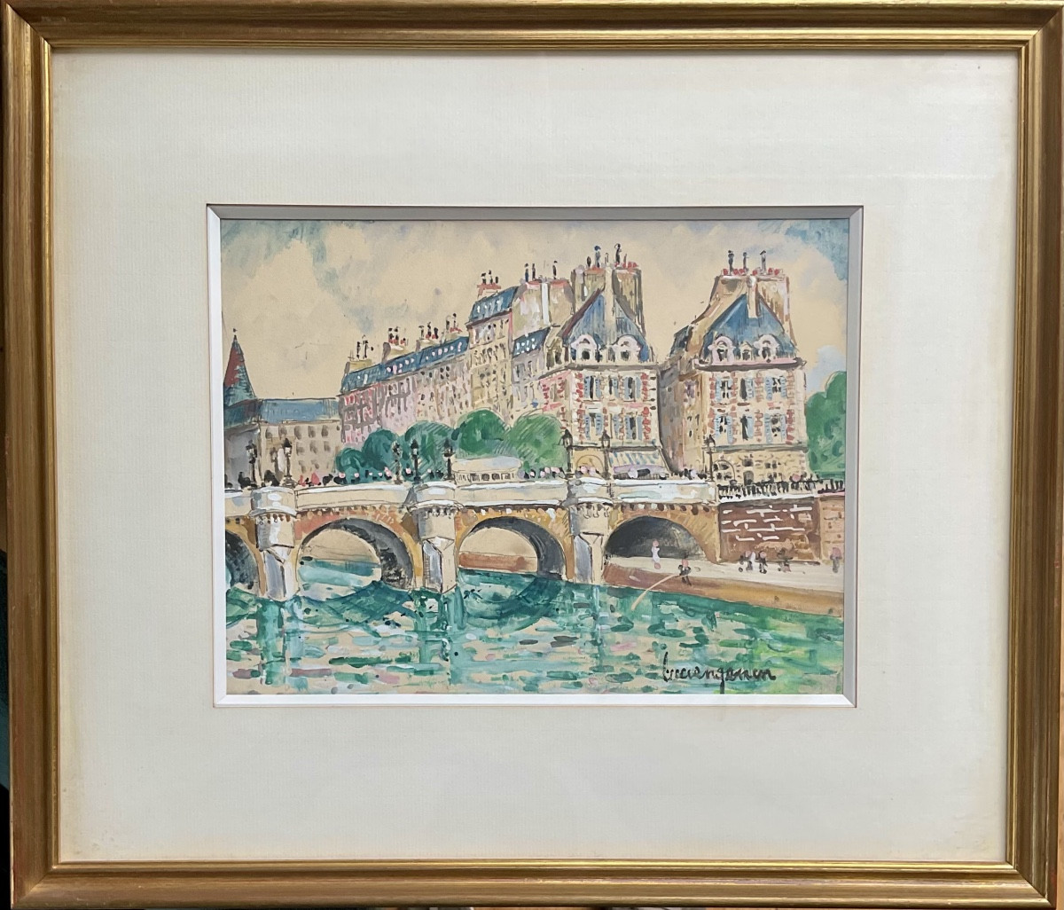 LUCIEN GENIN GOUACHE ORIGINALE PARIS LA SEINE LE PONT NEUF 1920/30