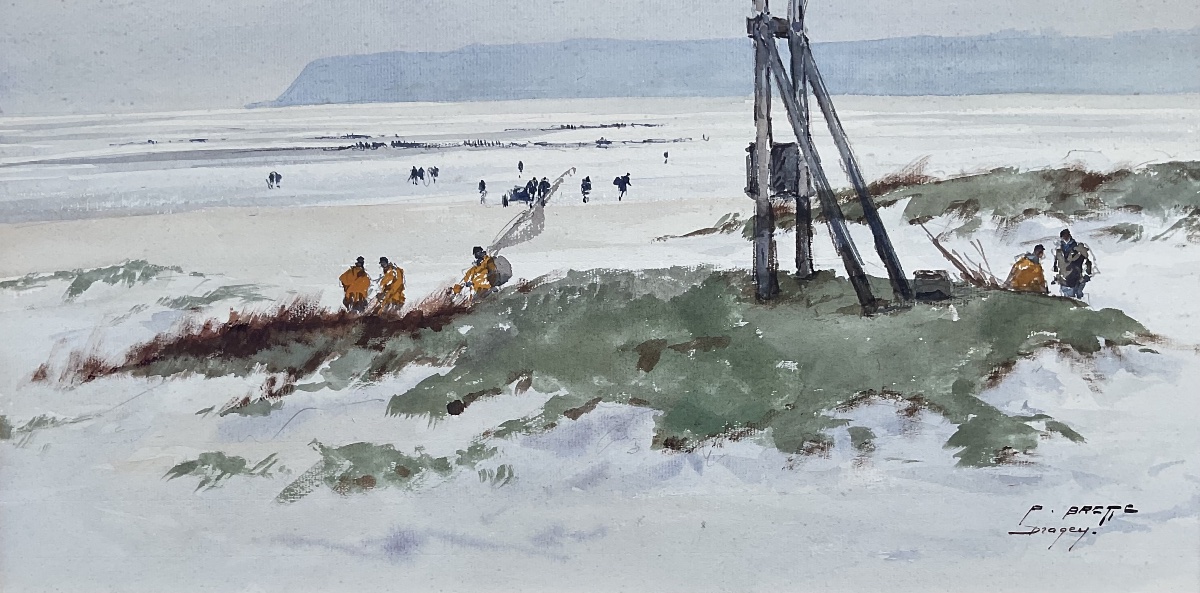 Pierre Brette Large Watercolor Fishermen Dragey Beach Normandy-photo-3