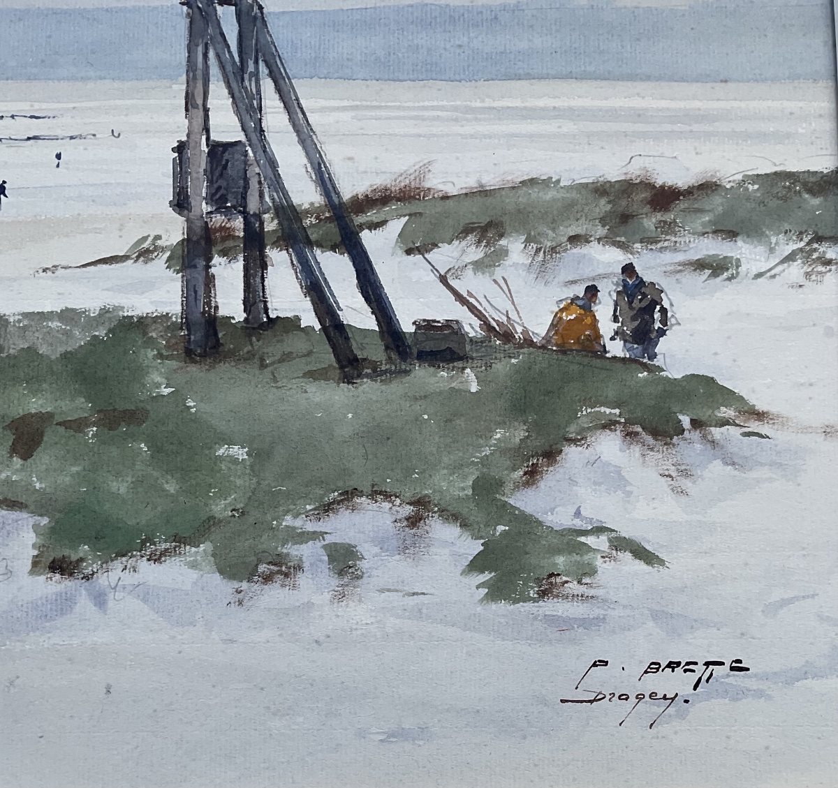 Pierre Brette Large Watercolor Fishermen Dragey Beach Normandy-photo-4