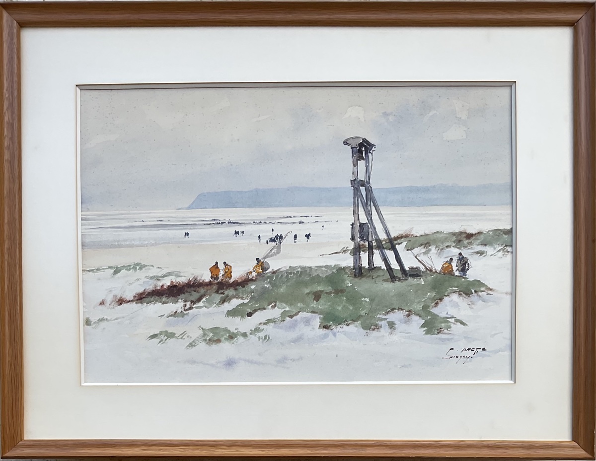 Pierre Brette Large Watercolor Fishermen Dragey Beach Normandy