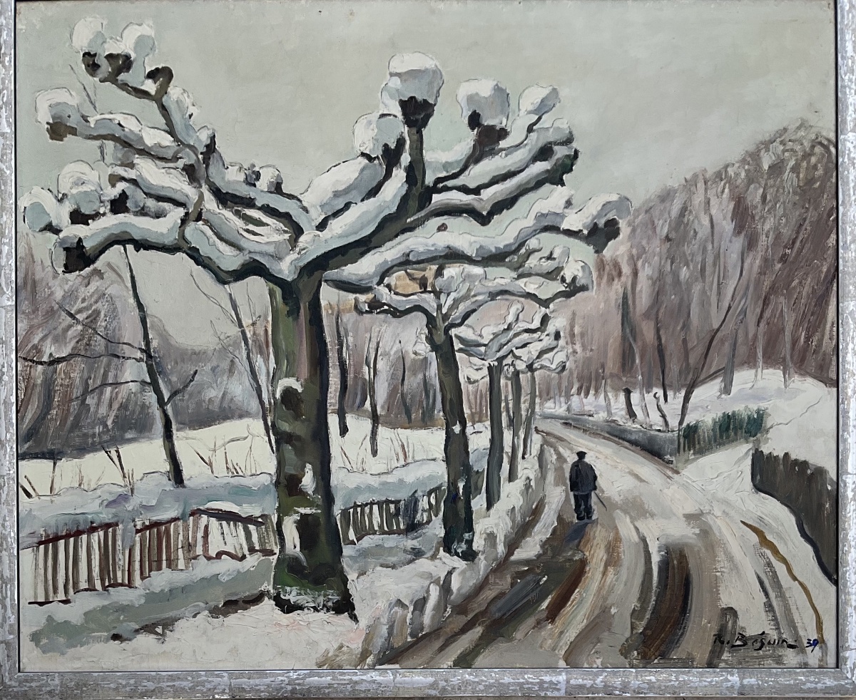 René Samuel Béguin Tableau 1939 Chemin de Krieg Paysage de neige Suisse-photo-2
