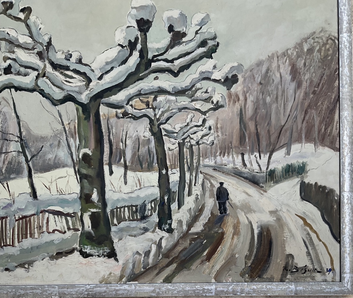 René Samuel Béguin Tableau 1939 Chemin de Krieg Paysage de neige Suisse-photo-3