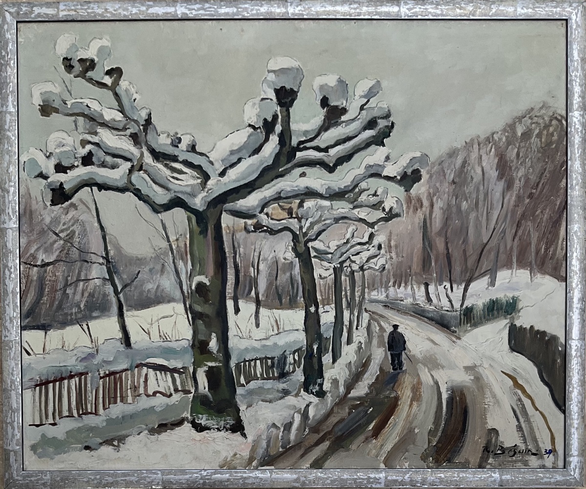 René Samuel Béguin Tableau 1939 Chemin de Krieg Paysage de neige Suisse