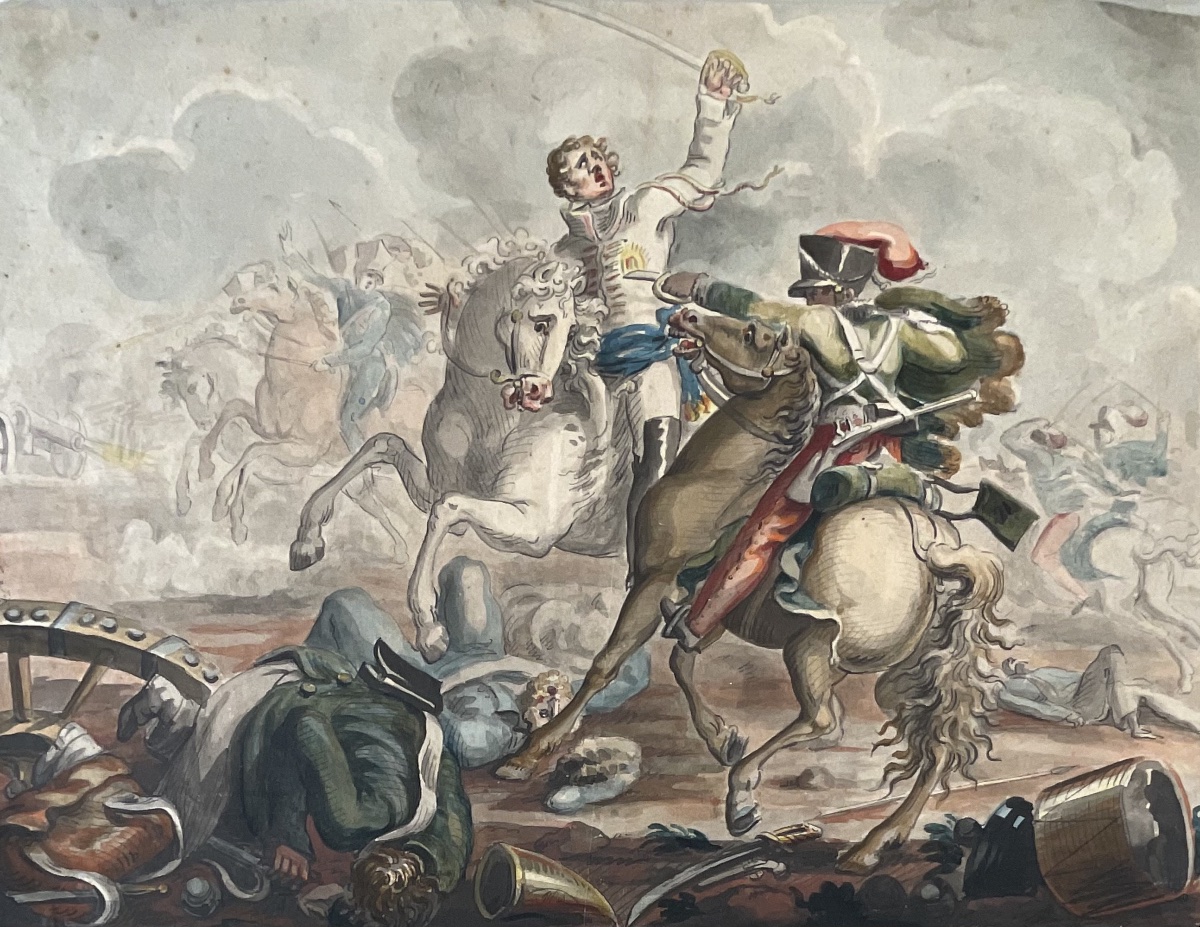 BELLE AQUARELLE ORIGINALE 1830/40 SCÈNE DE BATAILLE 1 er EMPIRE