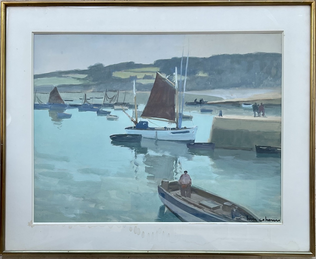 HENRY  MAURICE CAHOURS GRANDE GOUACHE BATEAUX PORT DE DOUARNENEZ BRETAGNE 